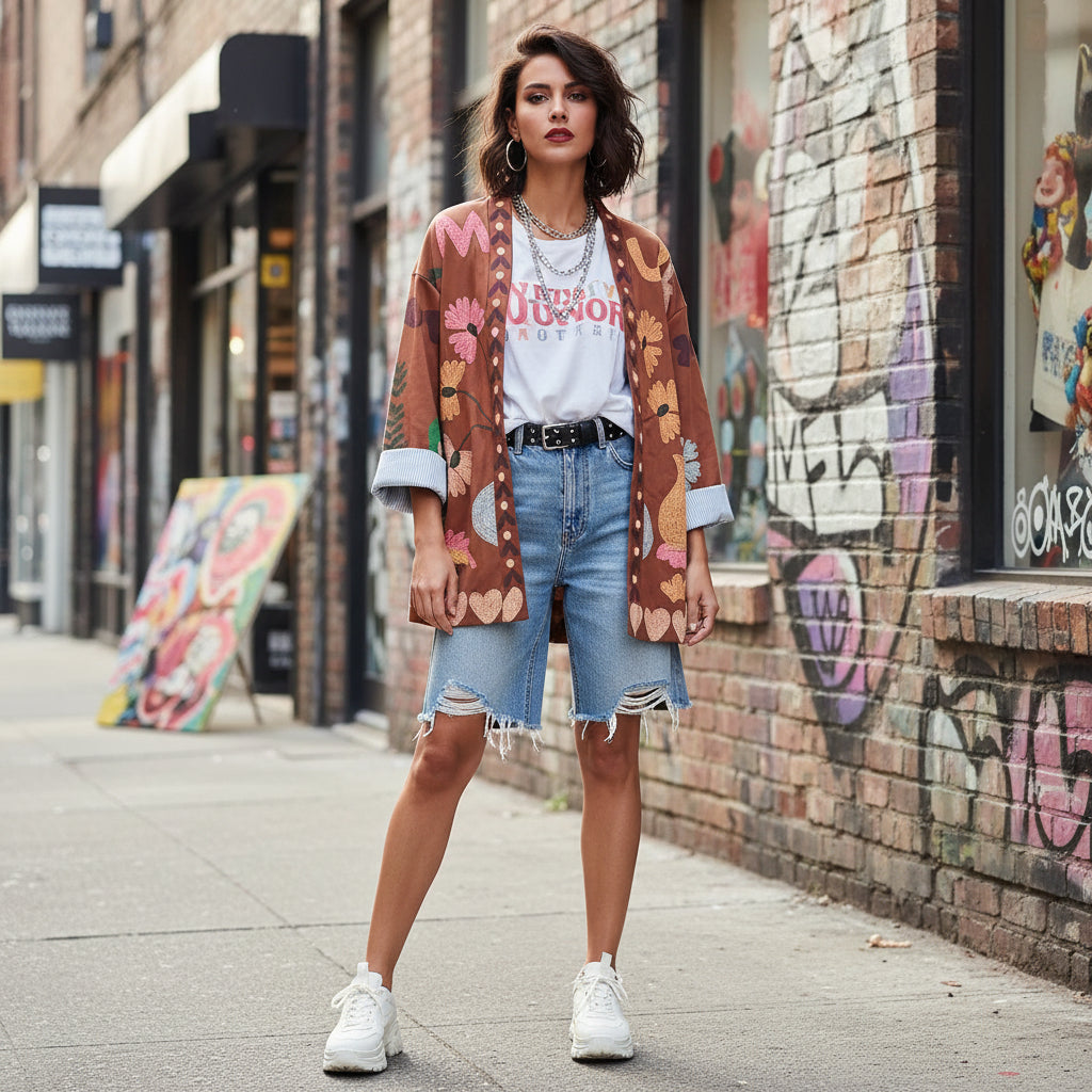 Chaqueta Antelina Flores Marrón