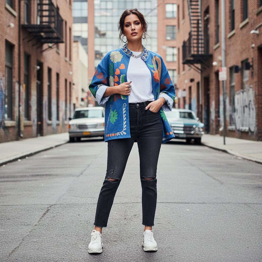 Chaqueta Antelina Floral Azul