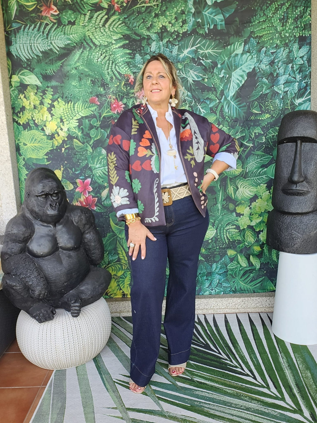 Chaqueta Antelina Flores Azul Marino