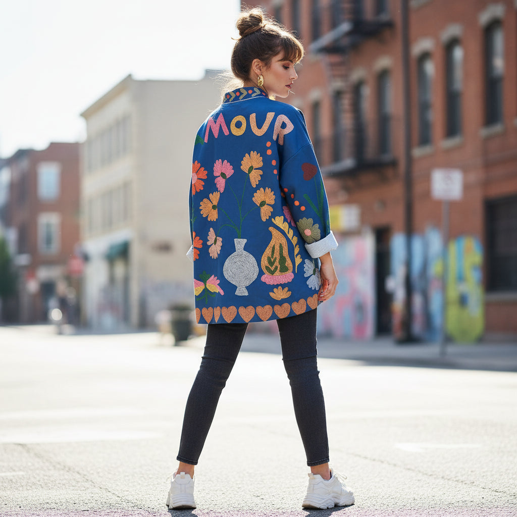 Chaqueta Antelina Floral Azul